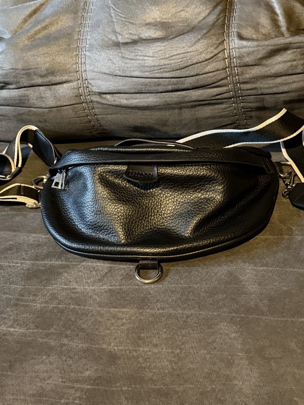 ESLCORRI Black Leather Sling Bag Crossbody Fanny Pack Belt Bag Stripe Strap